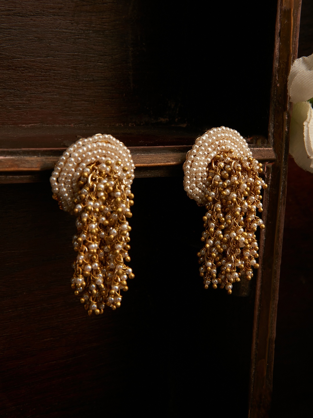 

D'oro Gold-Plated Pearls Studded Contemporary Drop Earrings, White