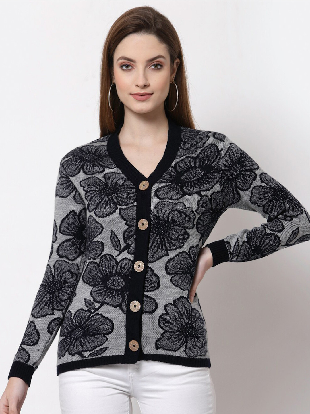 

Kalt Women Grey & Black Floral Printed Cardigan