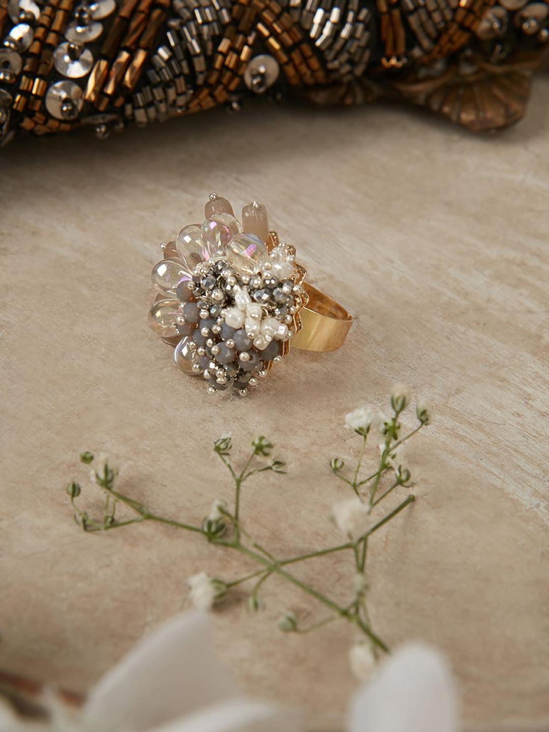 

D'oro Women Gold-Plated Pearls & Crystal Beads Adjustable Finger Ring