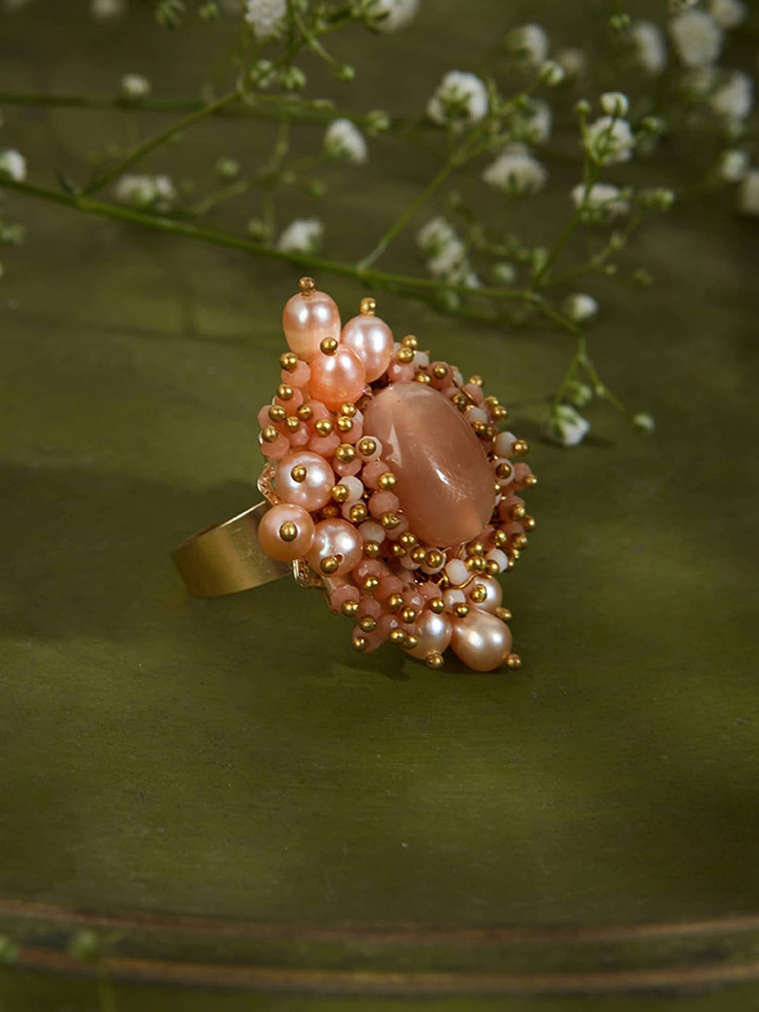 

D'oro Women Gold-Plated Pearl Studded Finger Ring, Peach