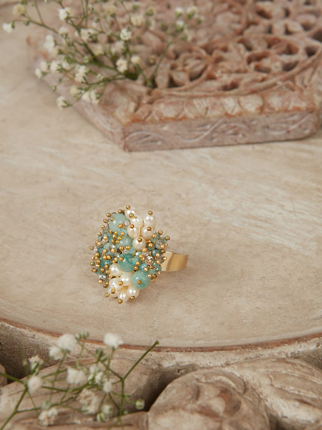 

D'oro Women Pearl Studded Finger Ring, Turquoise blue