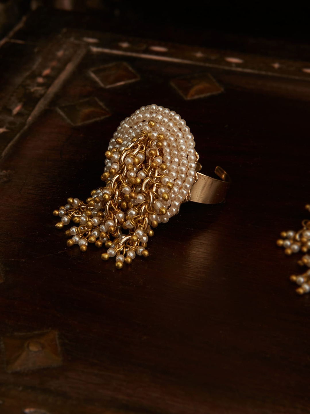 

D'oro Gold-Plated Pearl-Studded & Beaded Adjustable Finger Ring, White