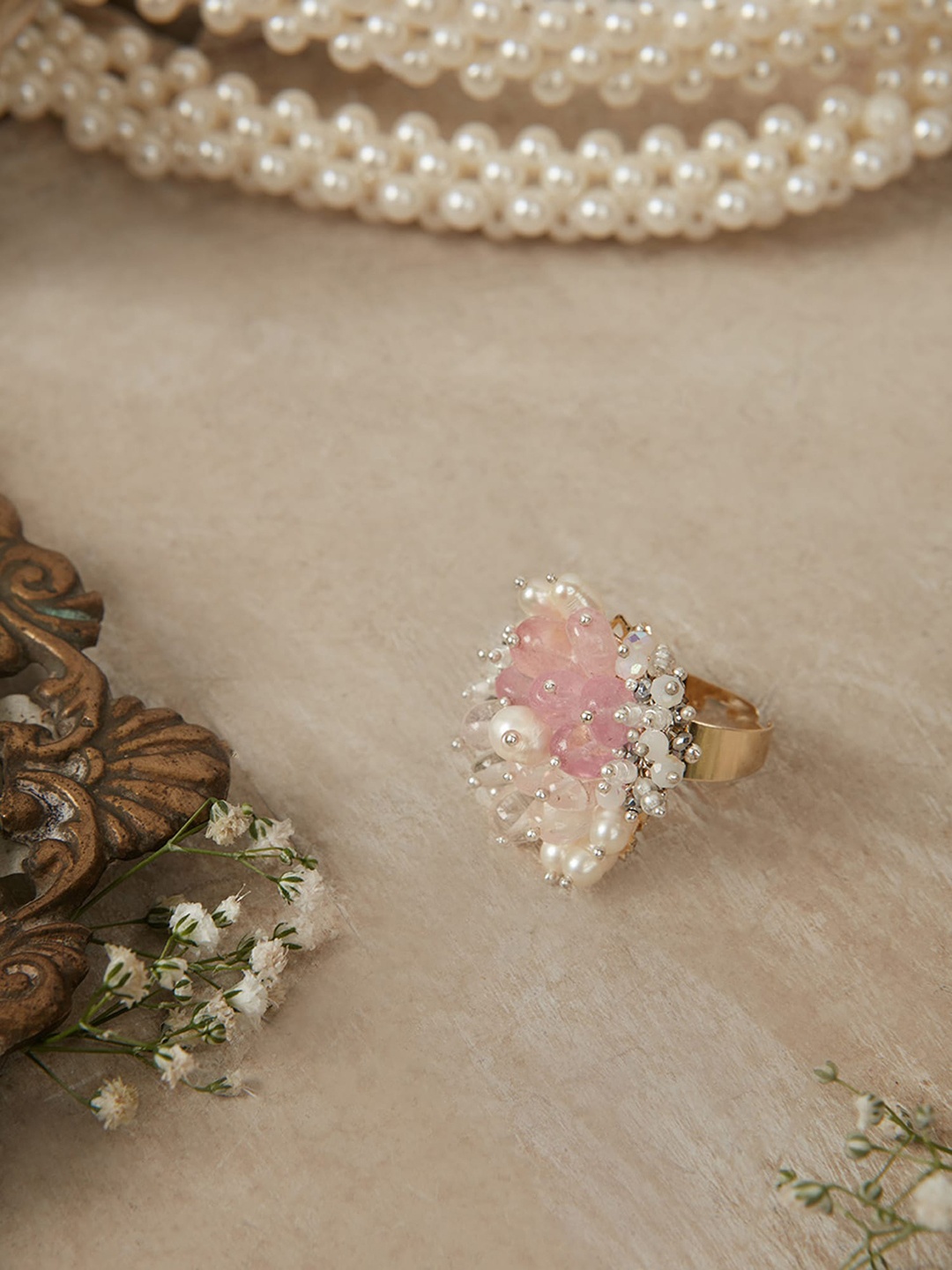 

D'oro Gold-Plated Pearl-Studded Adjustable Finger Ring