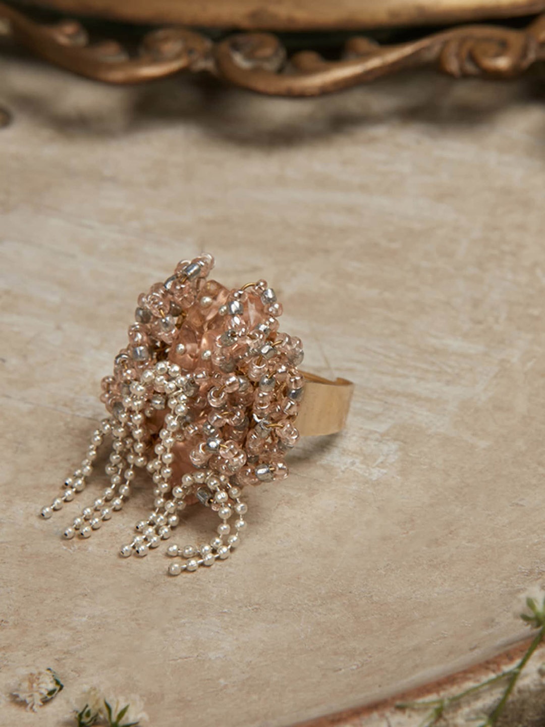 

D'oro Women Gold-Plated Pearl Studded Finger Ring, Rose gold