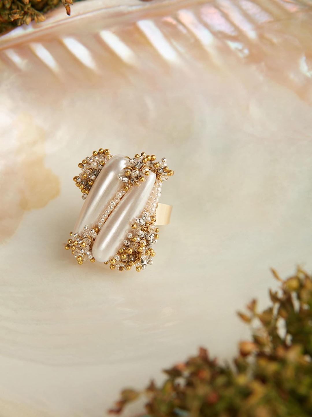 

D'oro Gold-Plated Pearl-Beaded Adjustable Finger Ring