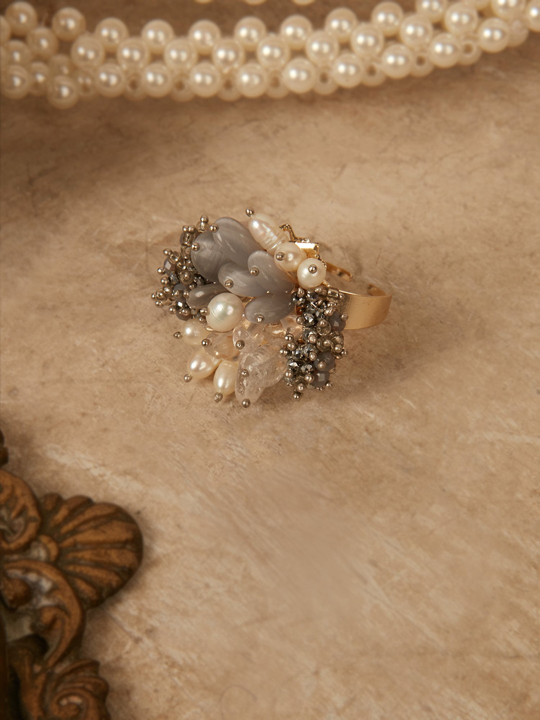 

D'oro Women Gold-Plated Pearls & Crystal Beads Adjustable Finger Ring