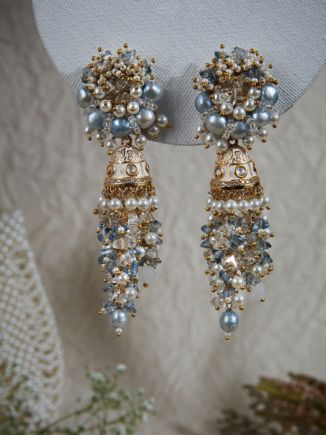 

D'oro Gold-Plated Pearls Contemporary Jhumkas Earrings, Blue