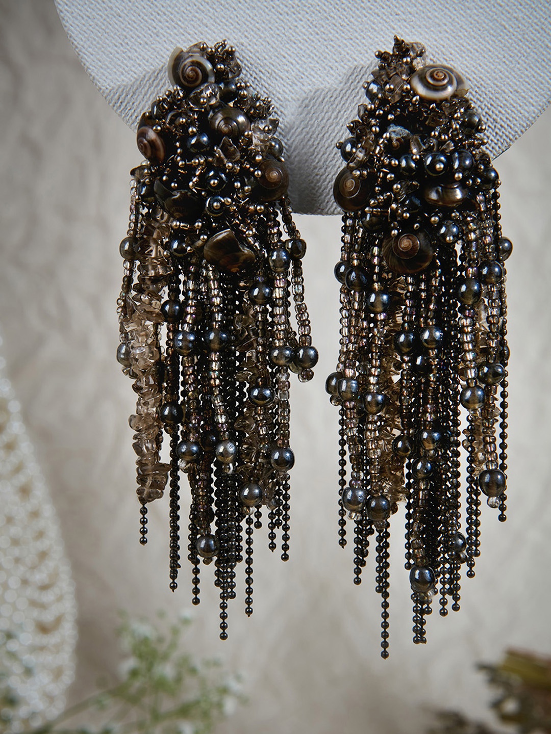 

D'oro Gold-Plated Tasselled Contemporary Drop Earrings, Black