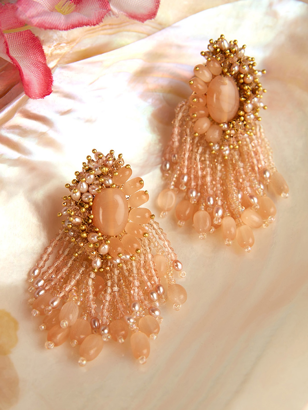 

D'oro Gold-Plated Pearls Contemporary Drop Earrings, Peach