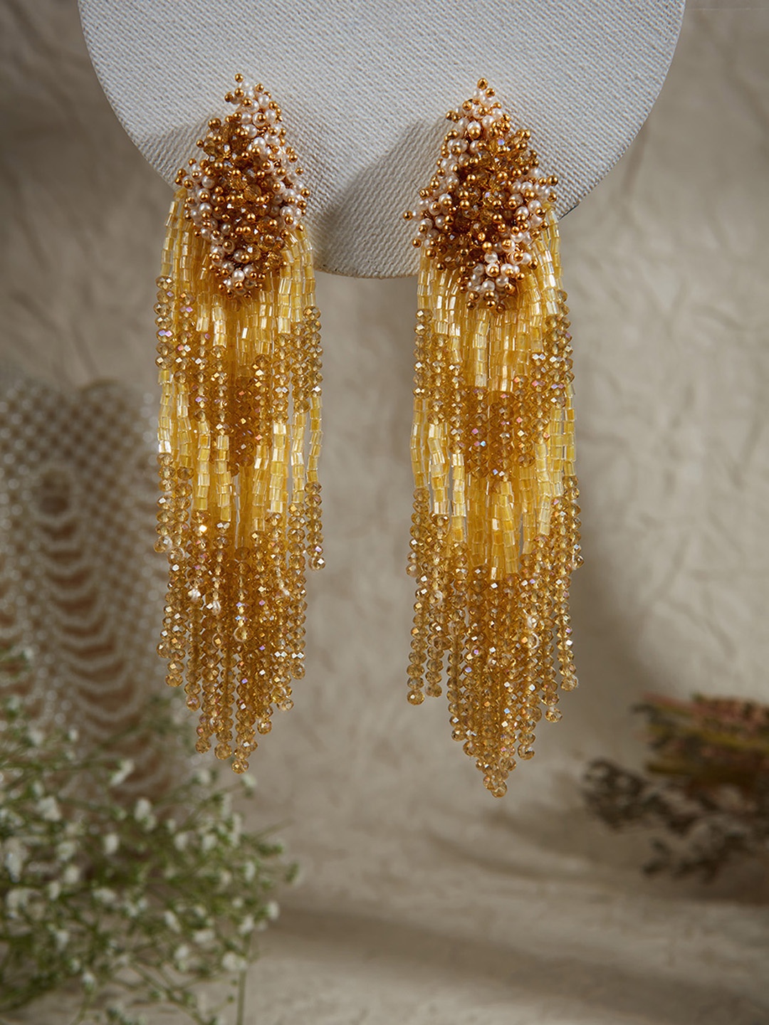D'oro Gold-Plated Pearls Contemporary Drop Earrings, Yellow