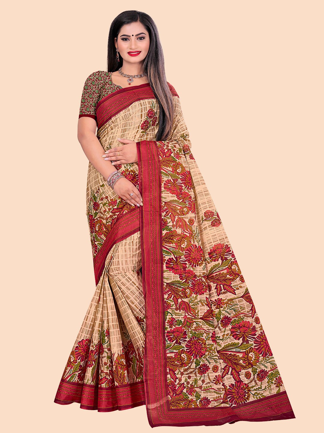 

FEMMIBELLA Beige & Maroon Floral Pure Cotton Saree