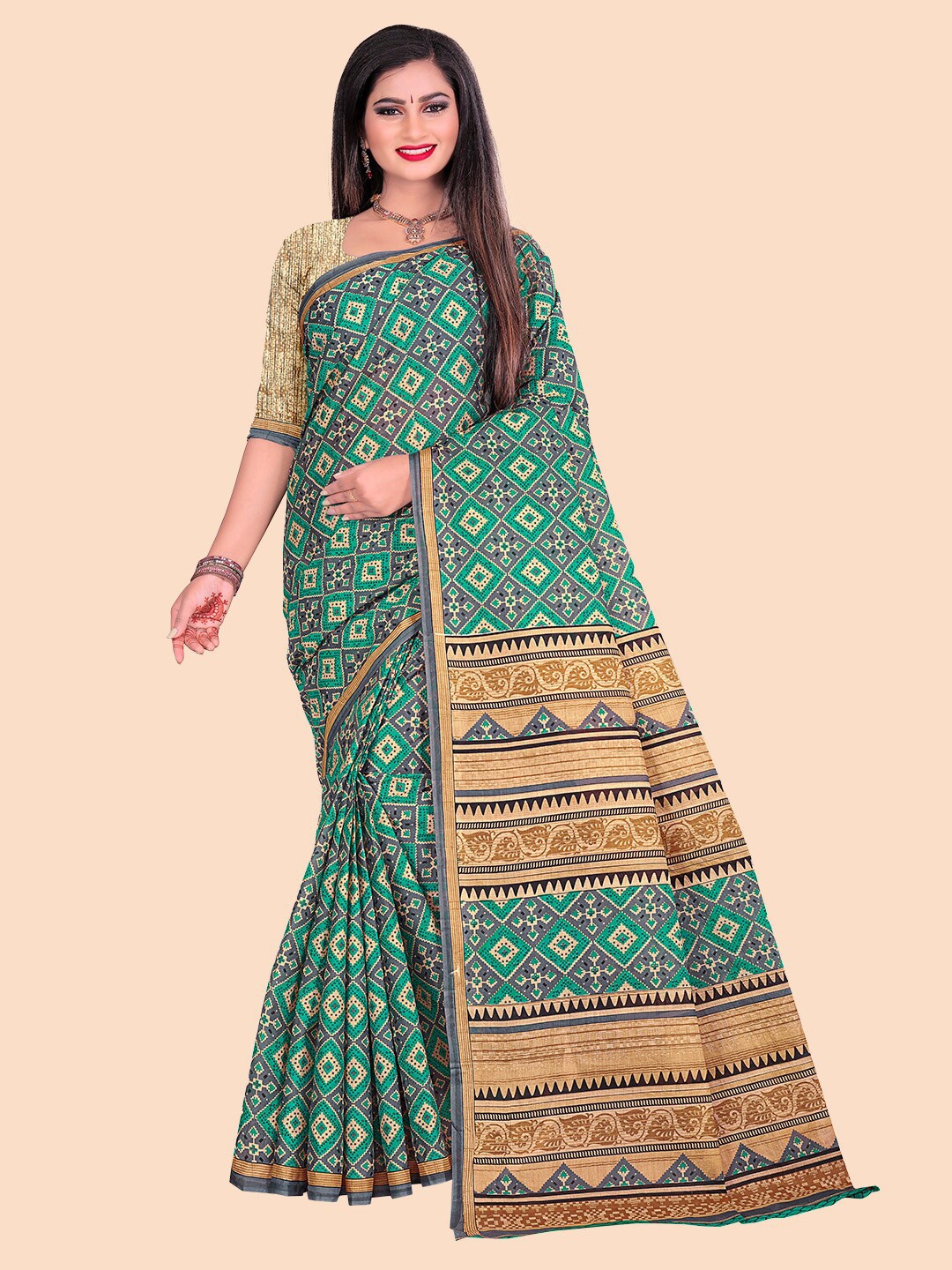 

FEMMIBELLA Grey & Green Geometric Printed Pure Cotton Saree