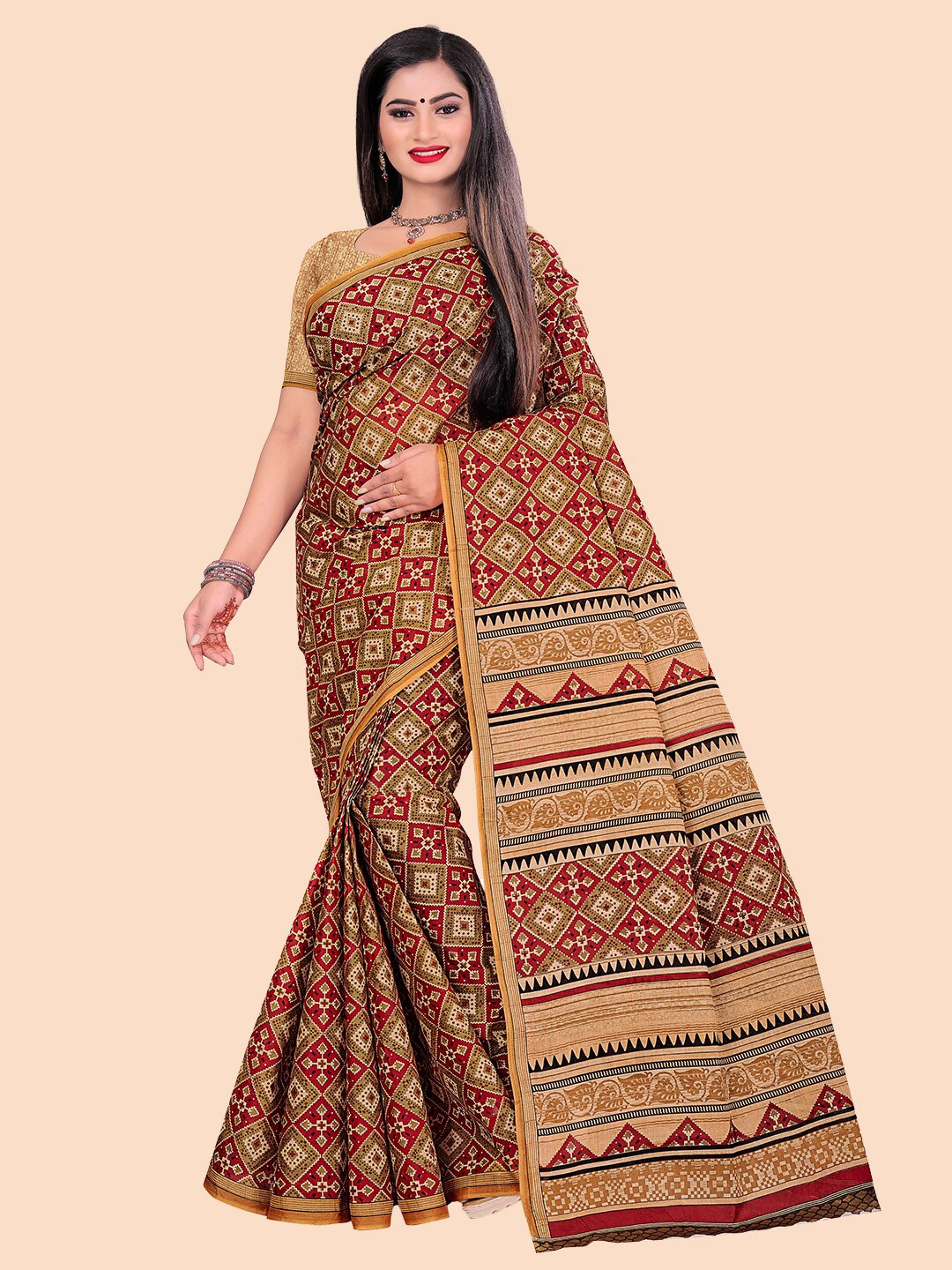 

FEMMIBELLA Red & Cream-Coloured Ethnic Motifs Pure Cotton Saree with Blouse Piece