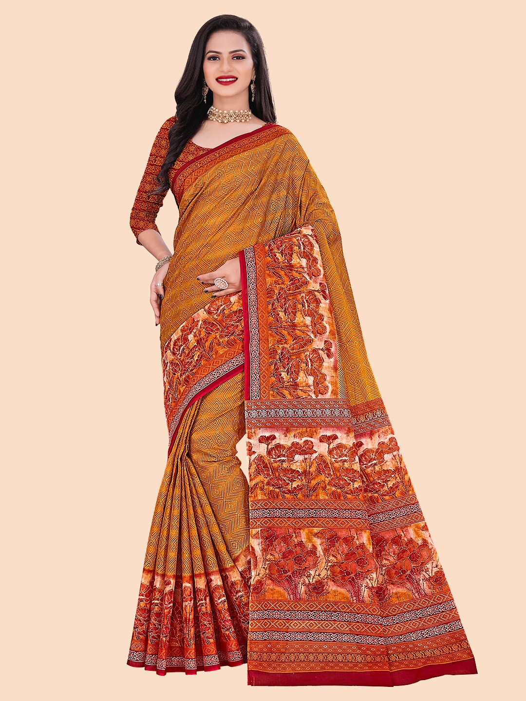 

FEMMIBELLA Mustard & Red Pure Cotton Saree