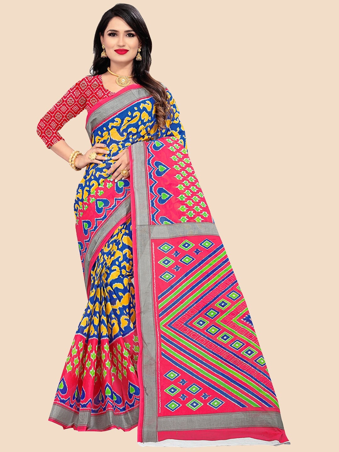 

FEMMIBELLA Blue & Pink Pure Cotton Ikat Saree