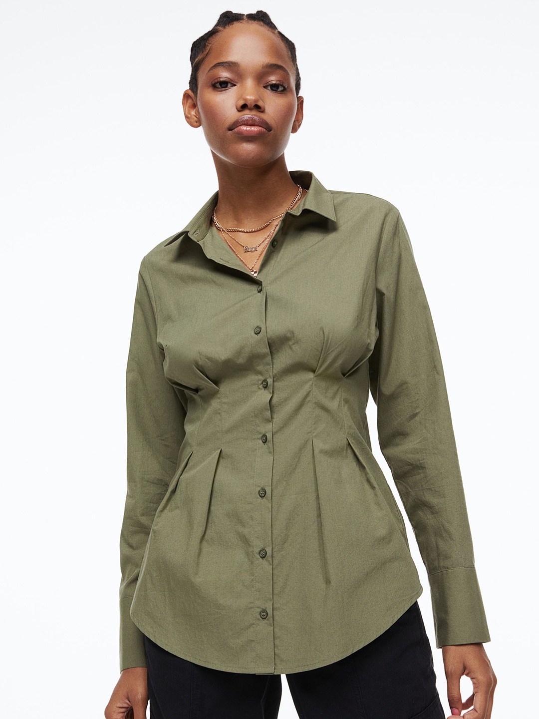 

H&M Women Cotton Olive Green Tapered-Waist Shirt