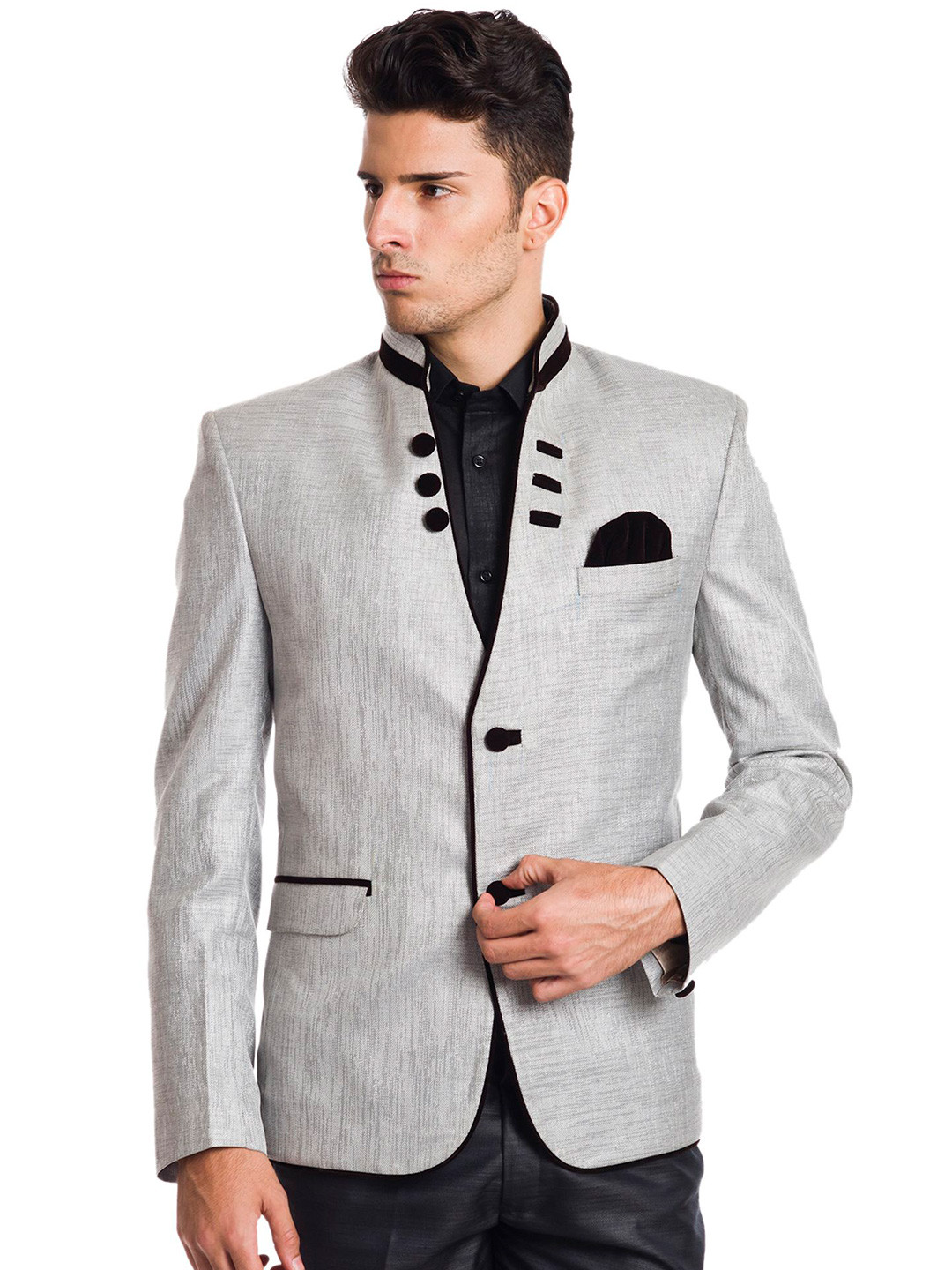

Wintage Grey Single-Breasted Tailored Fit Ethnic Bandhgala Blazer