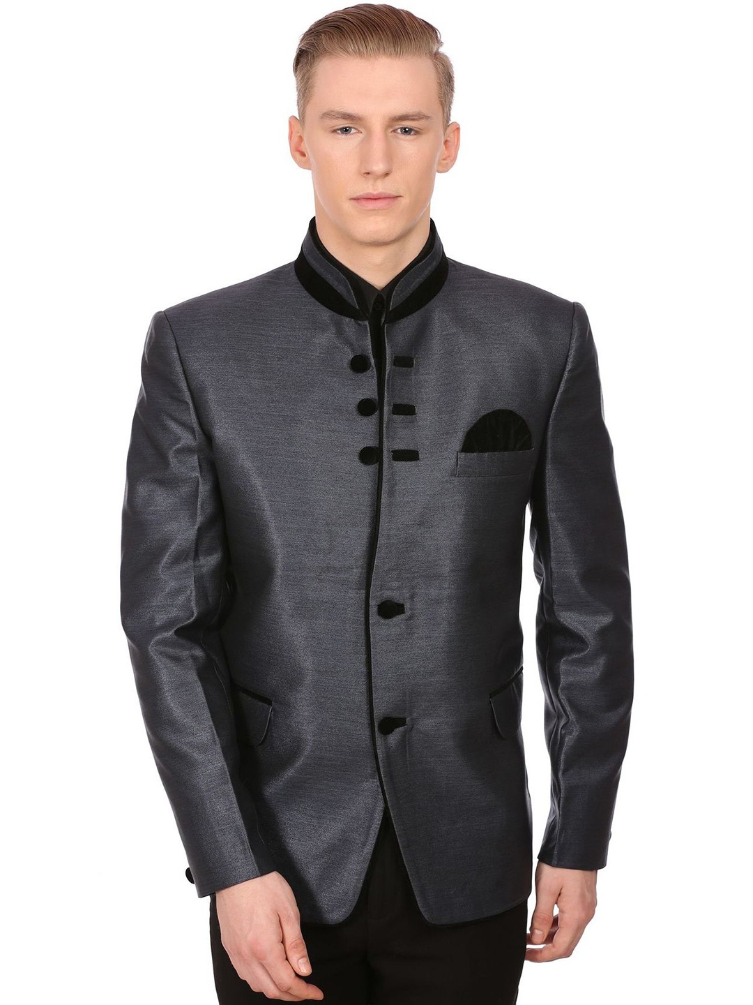 

Wintage Charcoal Grey Single-Breasted Tailored Fit Ethnic Bandhgala Blazer