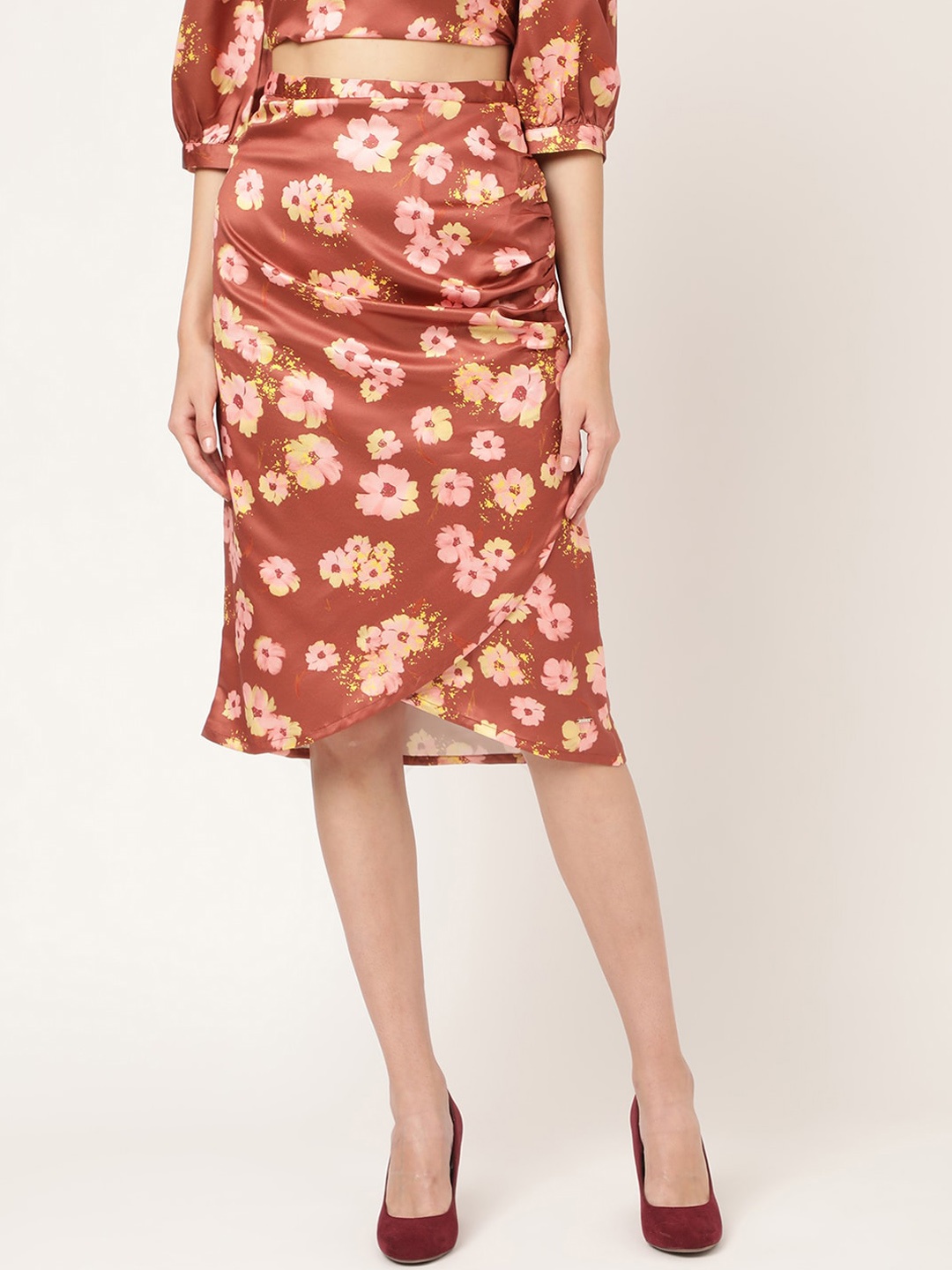 

ELLE Women Floral Printed Gather Overlap Skirt, Rust