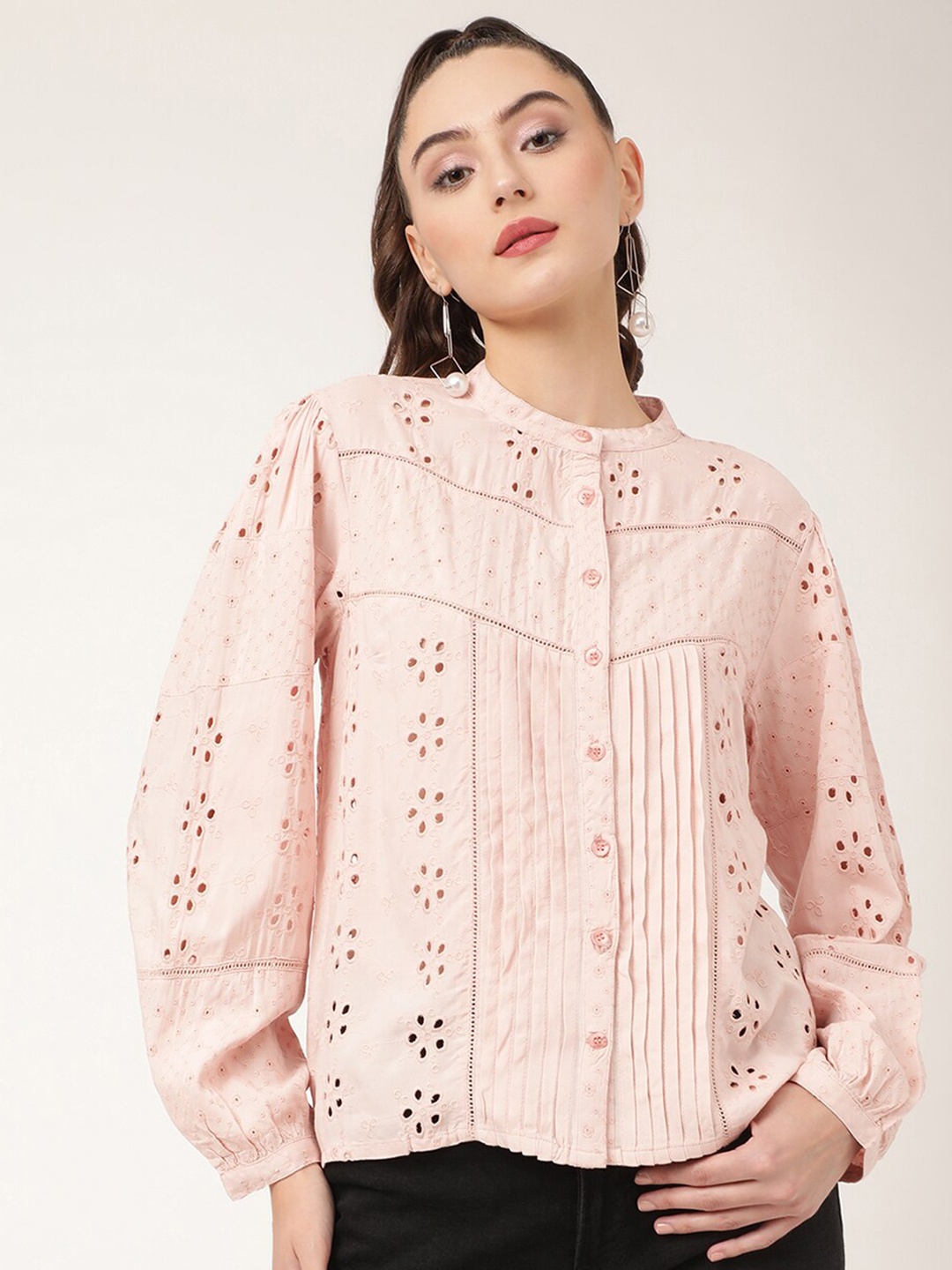 

ELLE Women Peach Self Design Mandarin Collar Shirt Style Top