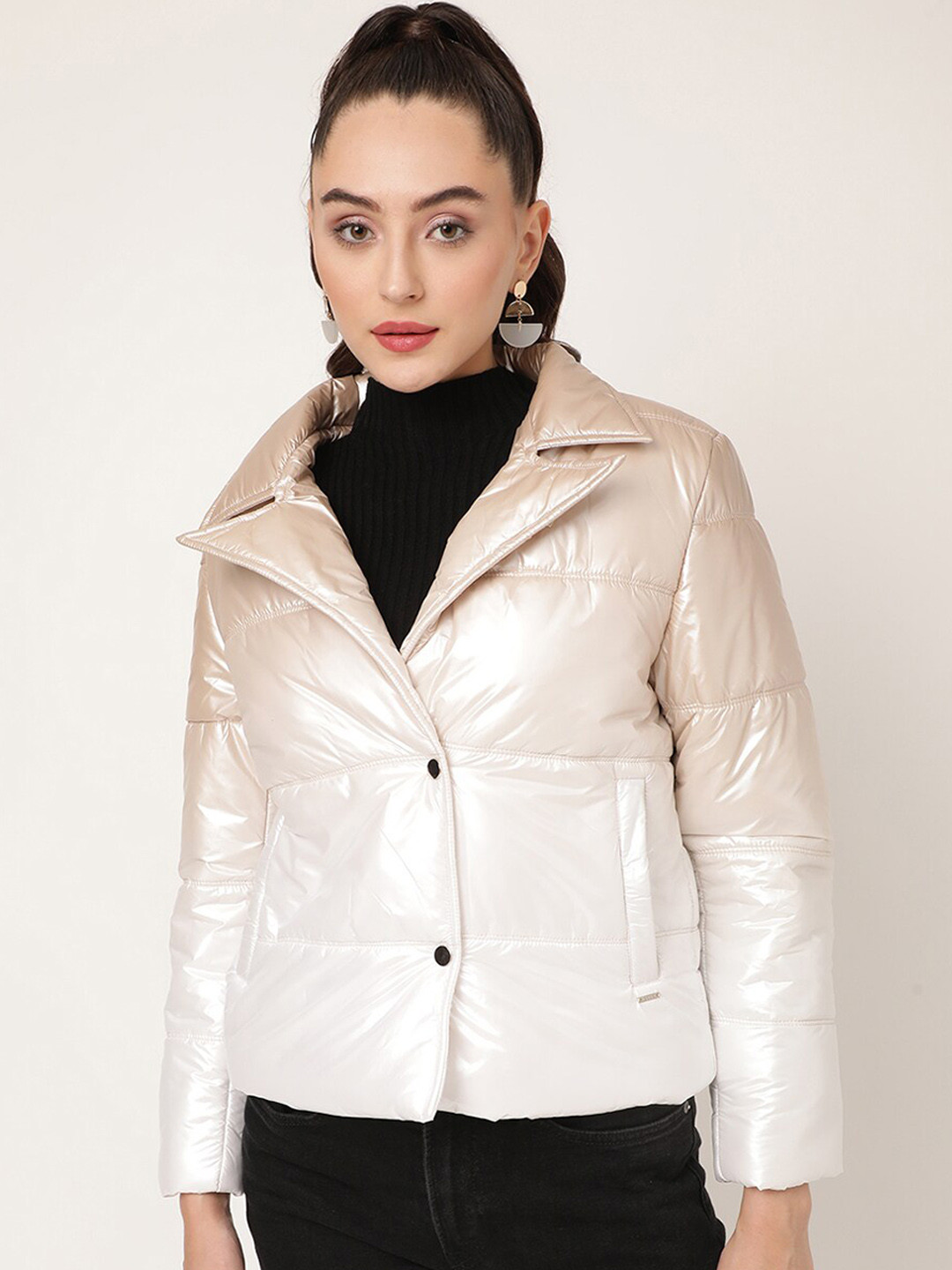 

ELLE Women Striped Padded Jacket, Beige