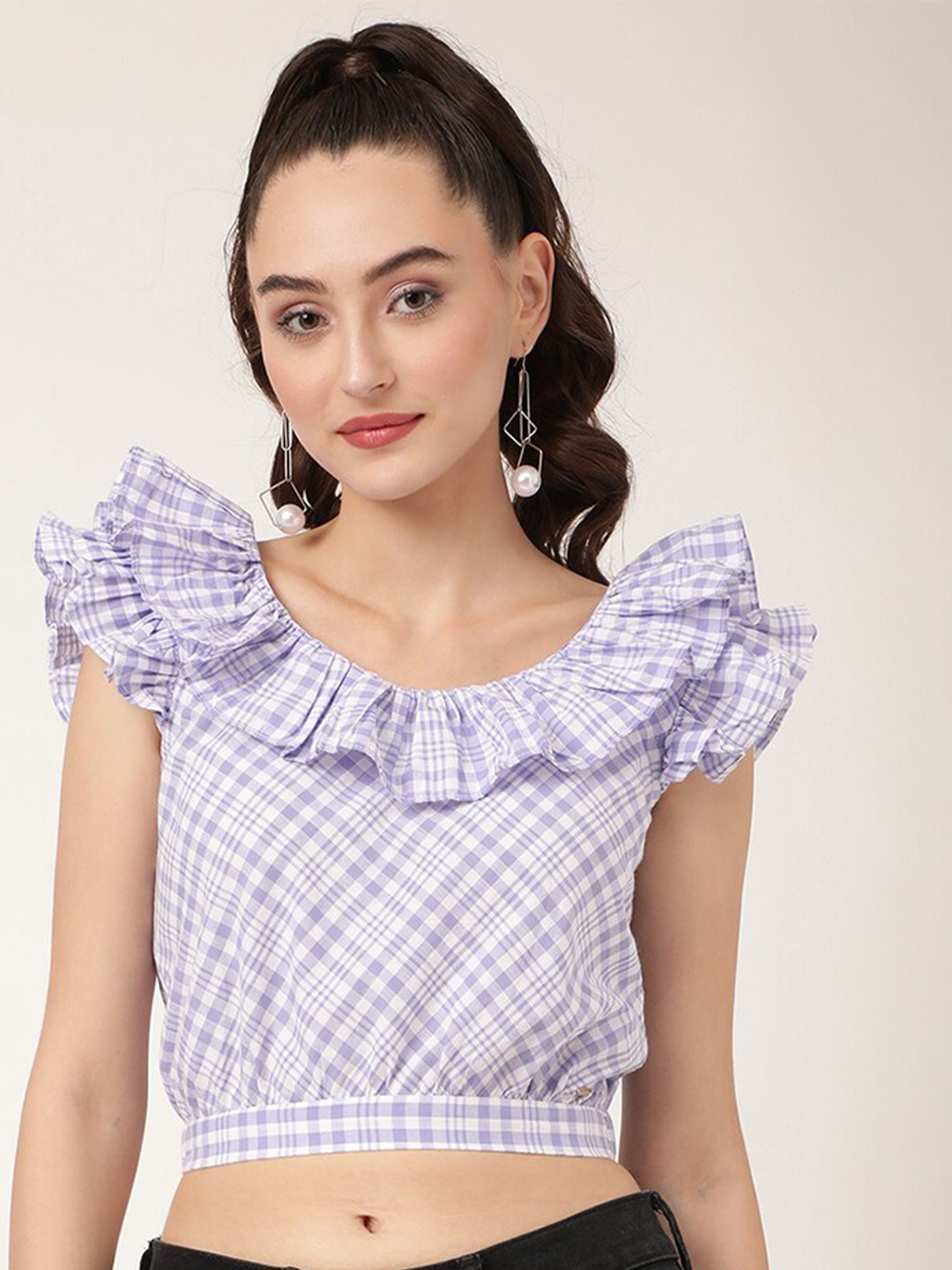 

ELLE Pure Cotton Checked Ruffles Crop Top, Lavender