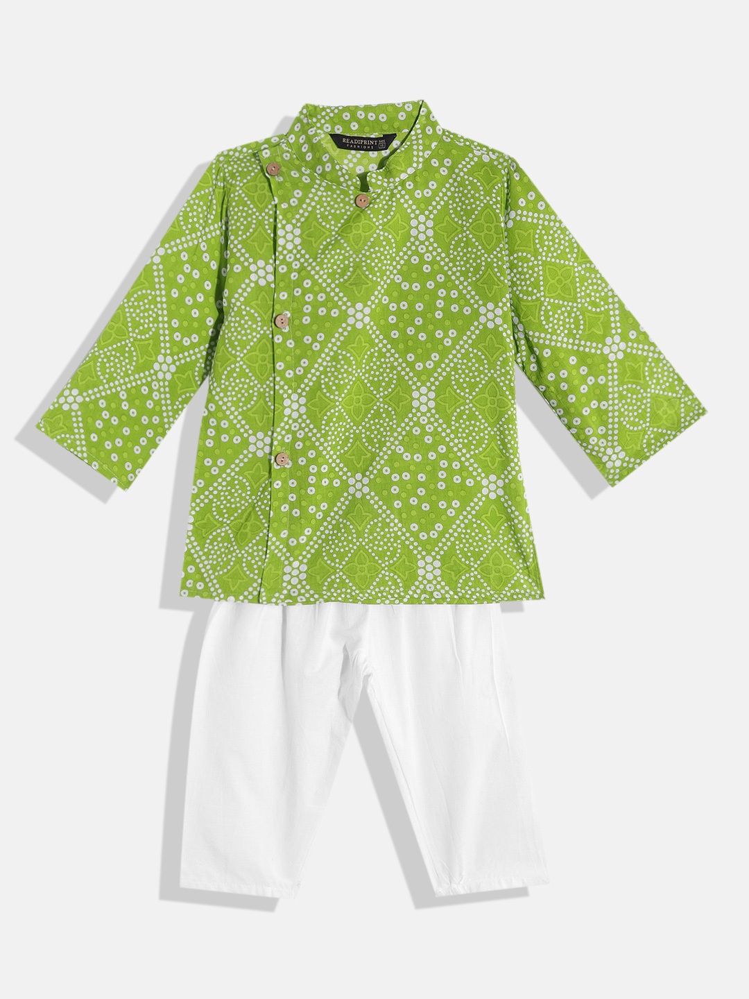 

Readiprint Fashions Boys Bandhani Printed Angrakha Pure Cotton Kurta with Pyjamas, Green