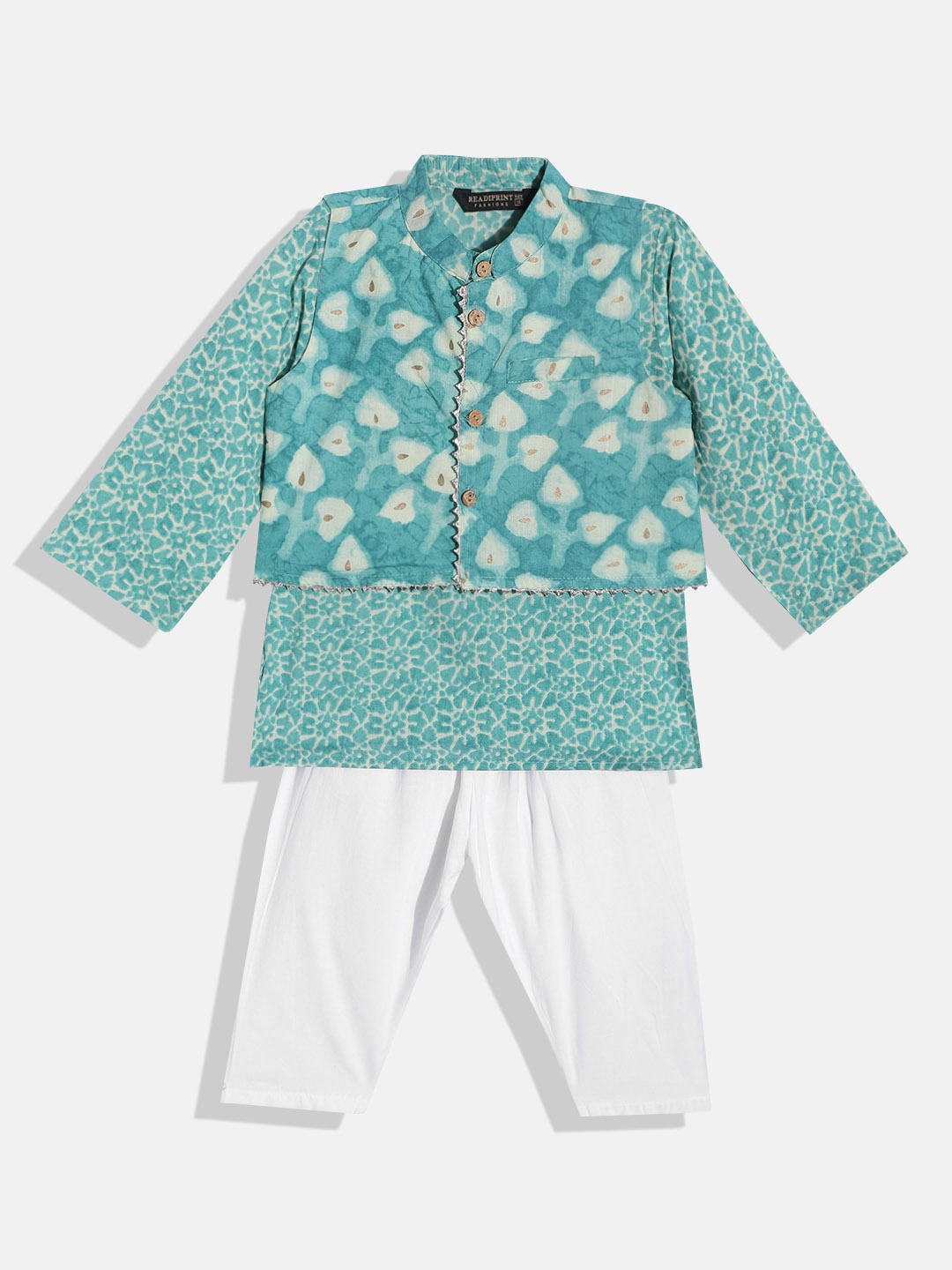 

Readiprint Fashions Boys Printed Pure Cotton Kurta with Pyjamas & Nehru Jacket, Turquoise blue