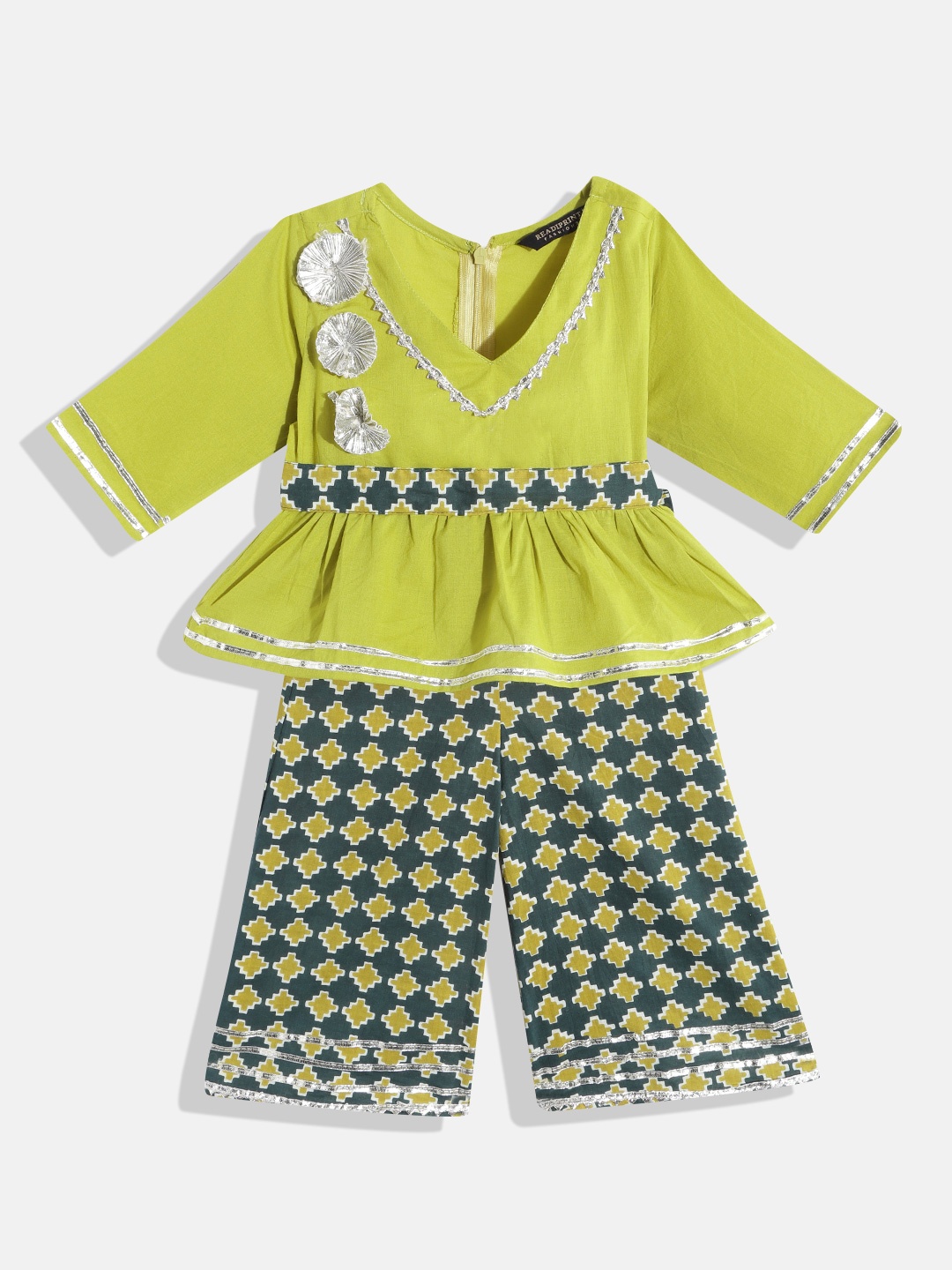 

Readiprint Girls Green & Silver Geometric Print Cotton A-Line Kurti Palazzos