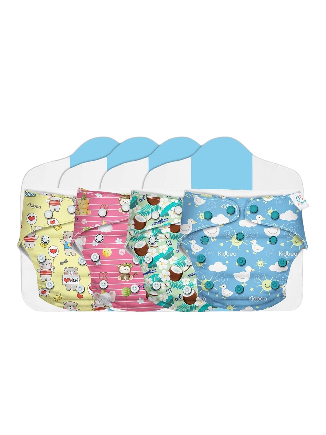 

Kidbea Kids Set of 4 Assorted Adjustable Reusable Cloth Diaper with Quick Dry Pad