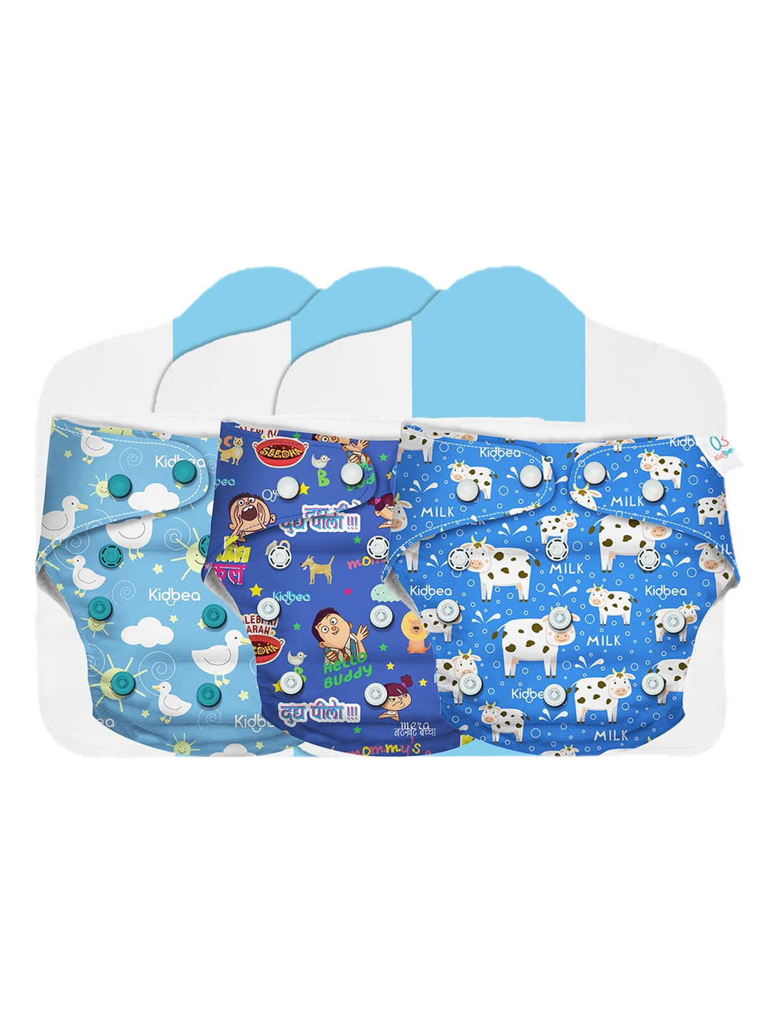 

Kidbea Kids Set of 3 Blue & White Adjustable Reusable Cloth Diaper with Quick Dry Pad