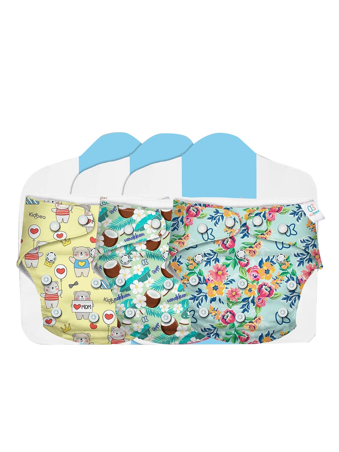 

Kidbea Infants Set Of 3 Premium Adjustable Baby Cloth Diaper, Assorted