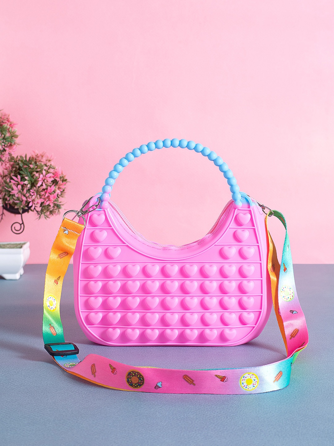 

Golden Peacock Multicoloured Bubble Push Pop It Sling Bag, Pink