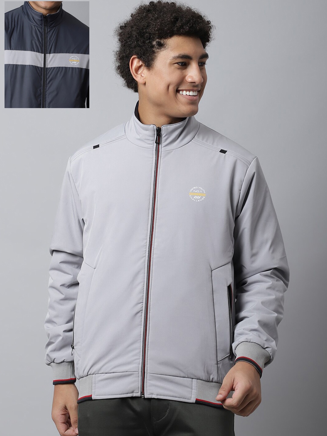 

Rodamo Men Colourblocked Reversible Bomber Jacket, Grey
