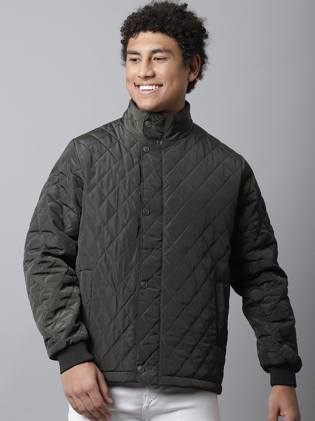 

Rodamo Men Checked Windcheater Quilted Jacket, Olive