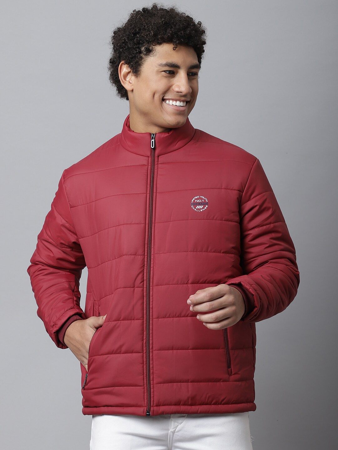 

Rodamo Men Typography Striped Windcheater Padded Jacket, Maroon