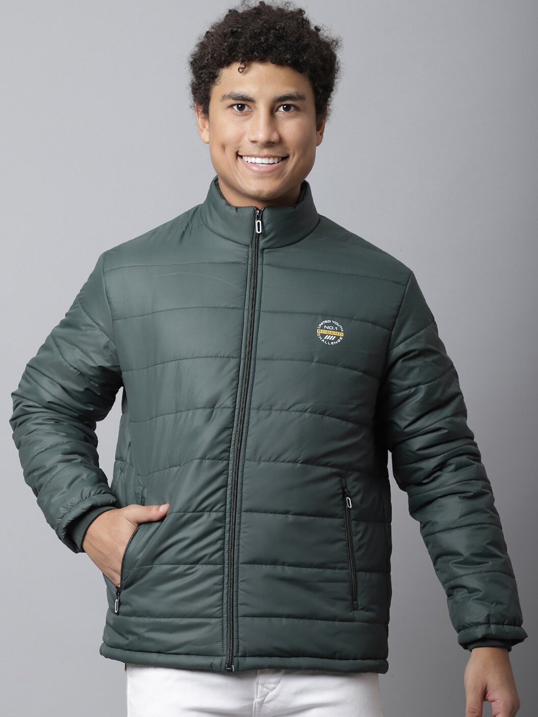 

Rodamo Men Striped Windcheater Puffer Jacket, Green