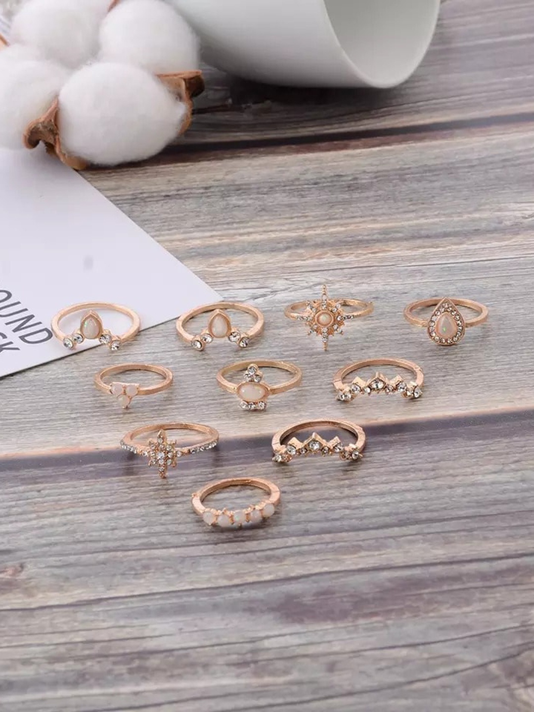 

Pinapes Set Of 10 Gold-Plated & Stone-Studded Finger Rings