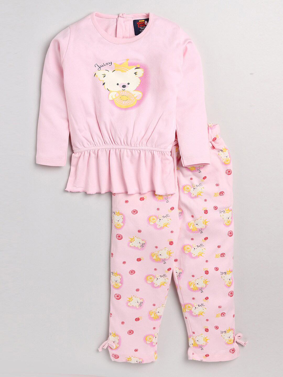 

AMUL Kandyfloss Girls Pink & Yellow Printed Pure Cotton Top with Pyjamas