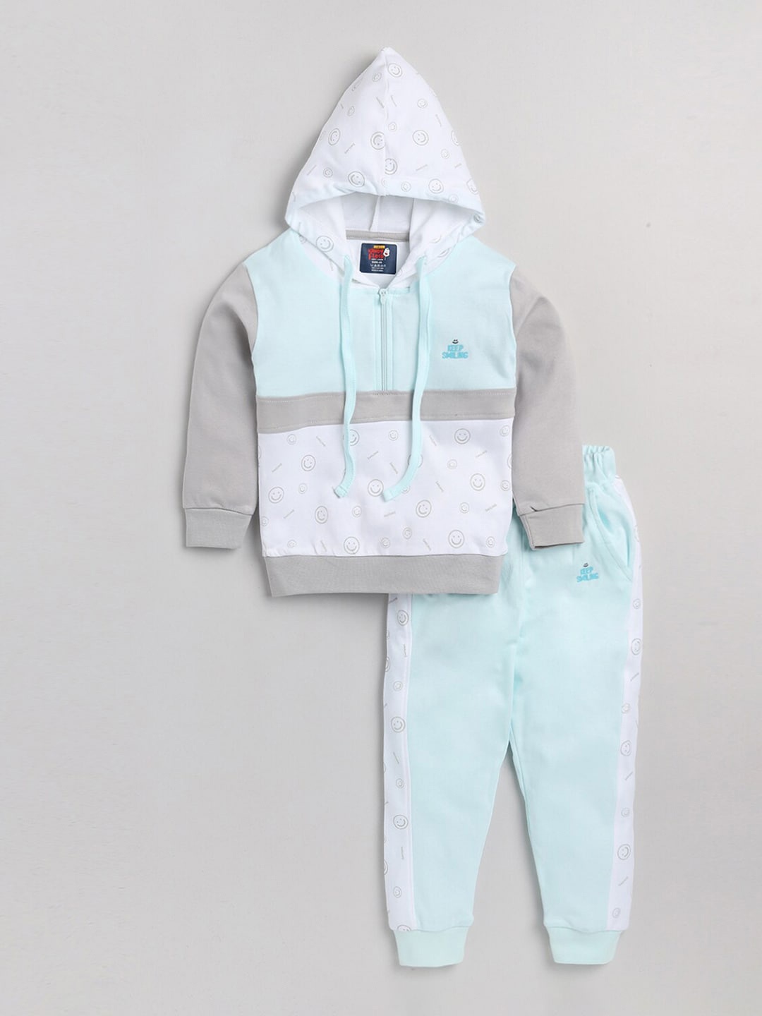 

AMUL Kandyfloss Unisex Kids Blue & White Printed Hooded Pure Cotton Sweatshirt with Pyjama