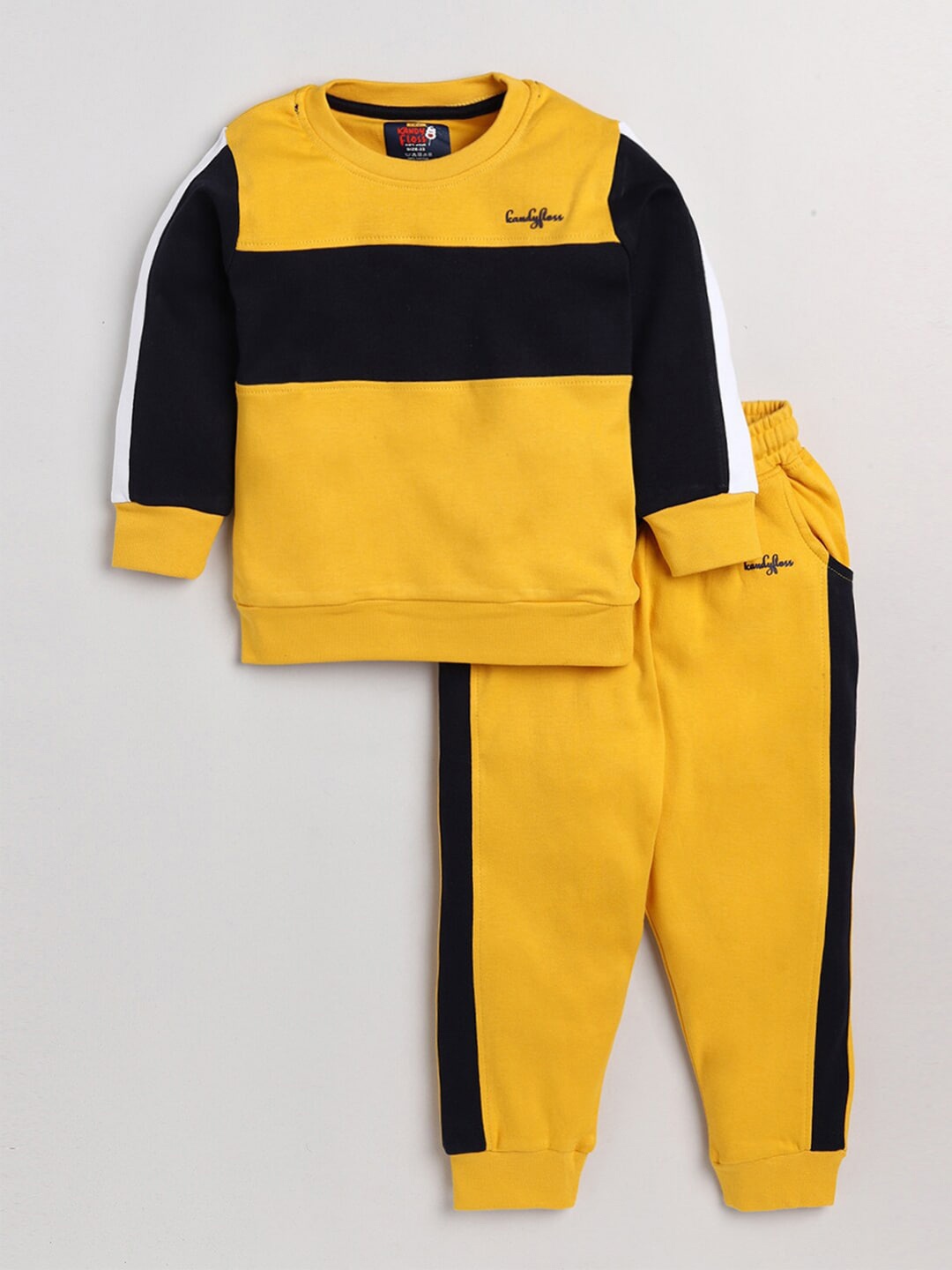 

AMUL Kandyfloss Unisex Kids Yellow & Black Colourblocked Cotton Top with Pyjamas