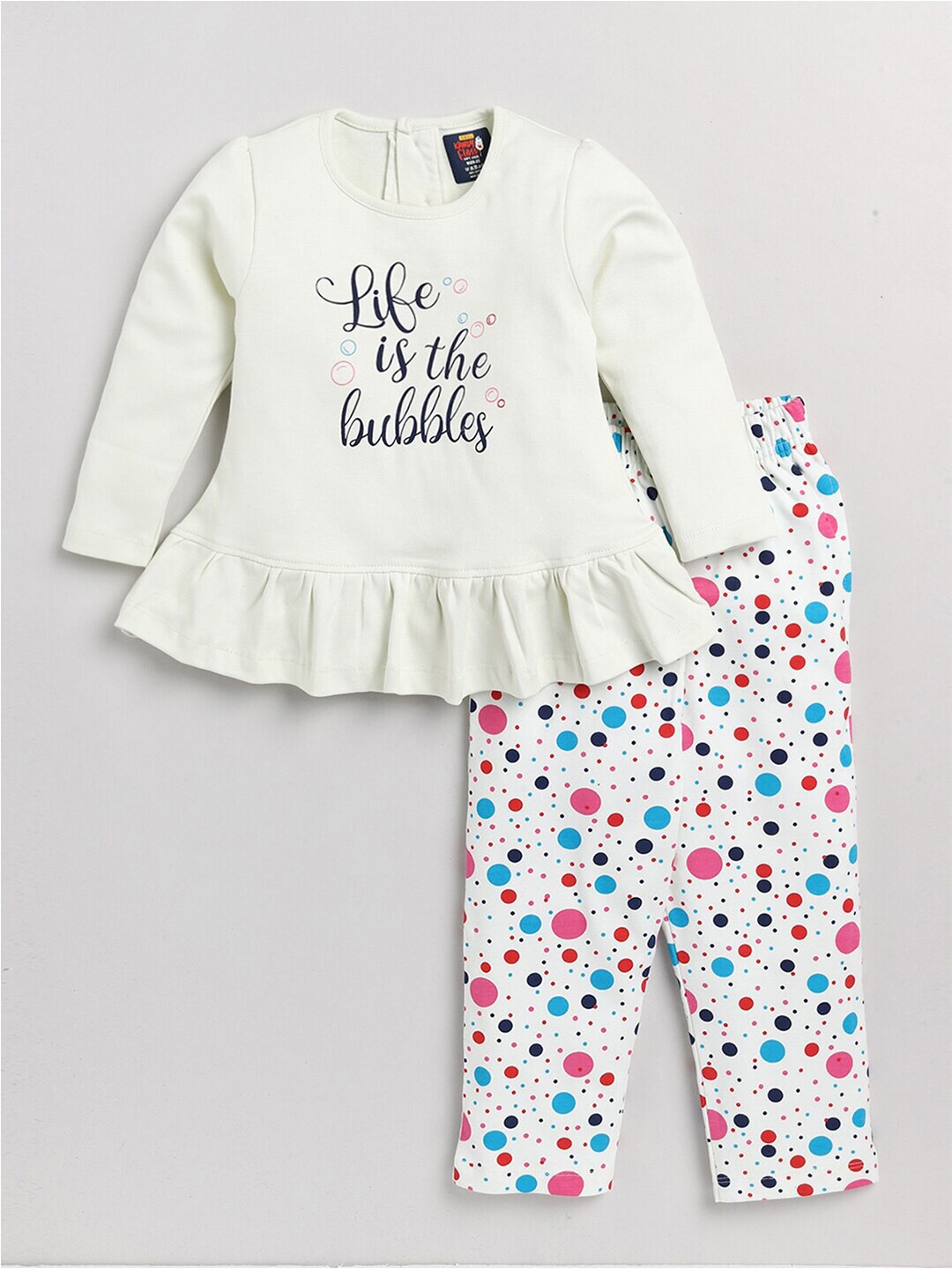 

AMUL Kandyfloss Girls White & Blue Printed Pure Cotton Top with Pyjamas