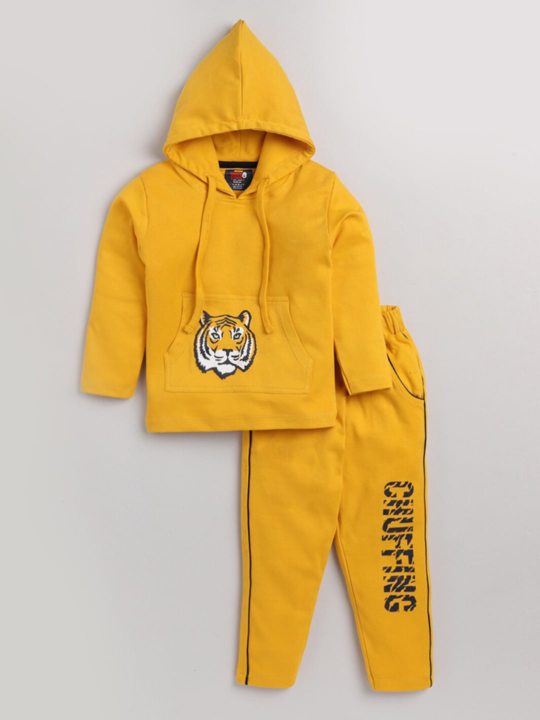 

AMUL Kandyfloss Unisex Kids Yellow & Black Hooded Printed T-shirt with Pyjama Set