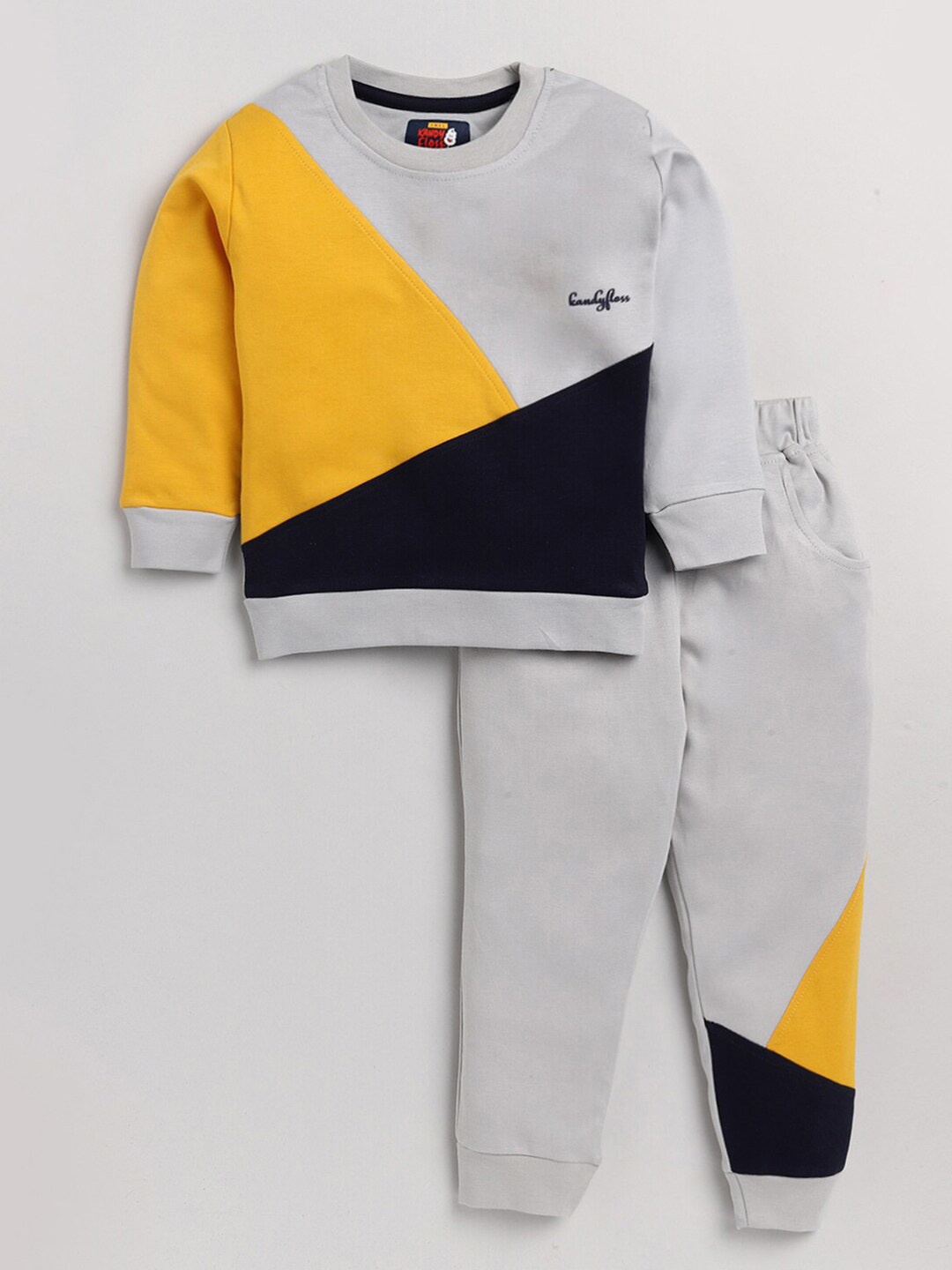 

AMUL Kandyfloss Kids Grey Melange & Yellow Cotton Colourblocked Top with Pyjama Set