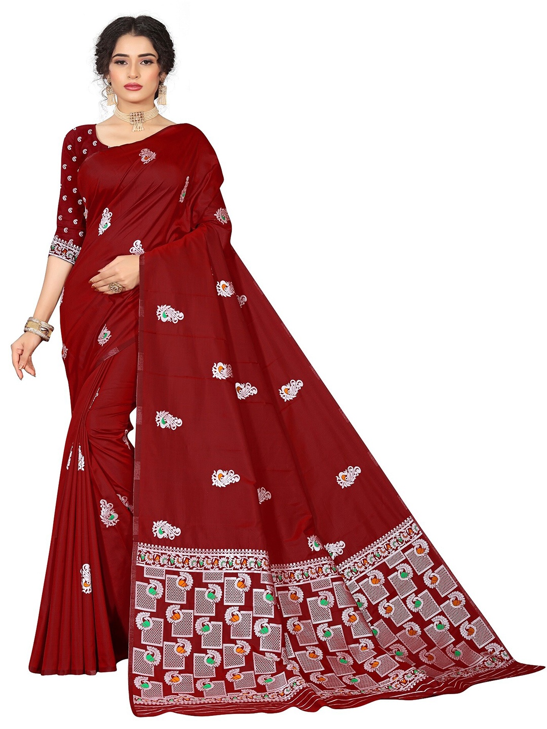

Rivana Maroon & Silver-Toned Ethnic Motifs Zari Pure Silk Banarasi Saree