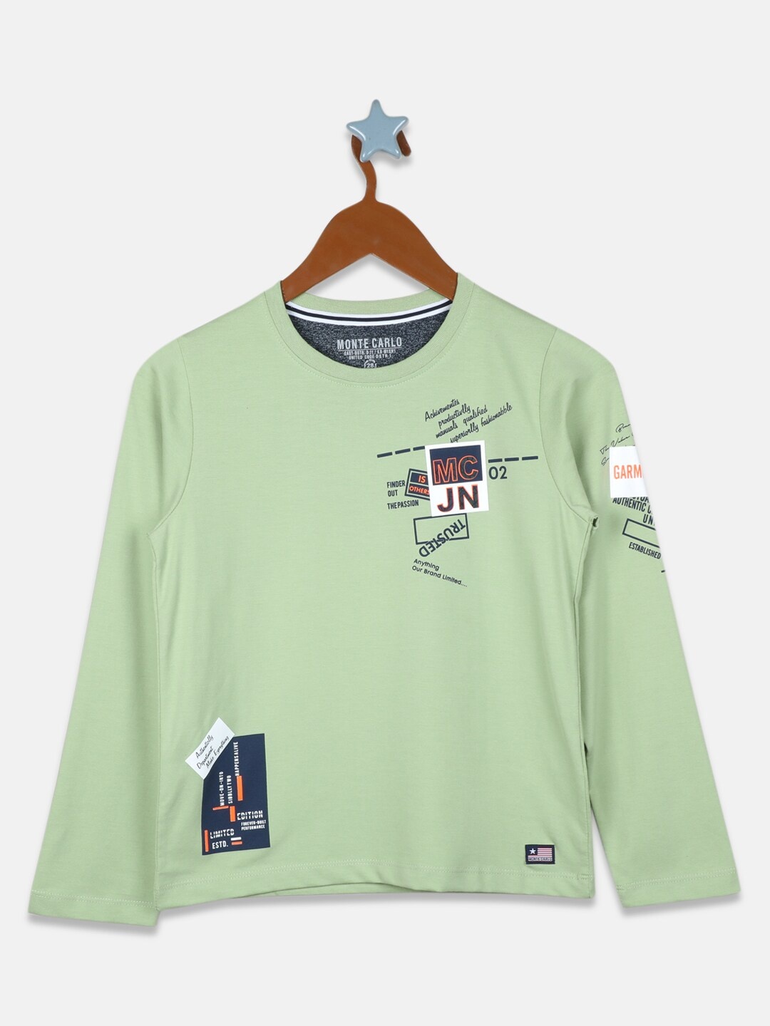 

Monte Carlo Boys Green Typography Printed Applique Slim Fit T-shirt