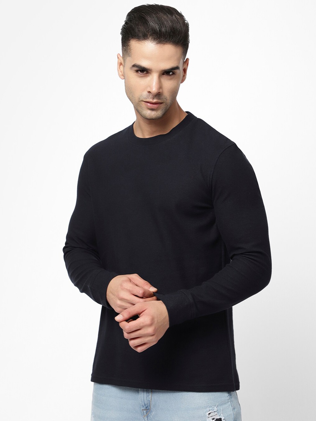 

R&B Men Solid Cotton Long Sleeves T-shirt, Blue