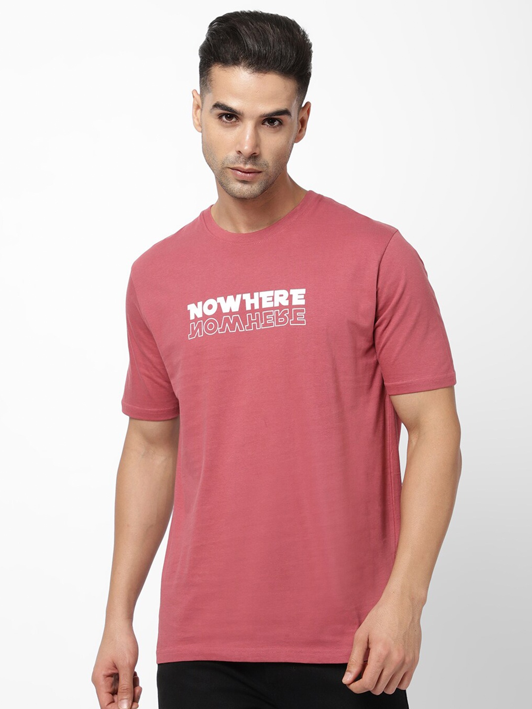 

R&B Men Typography Printed Cotton T-shirt, Pink