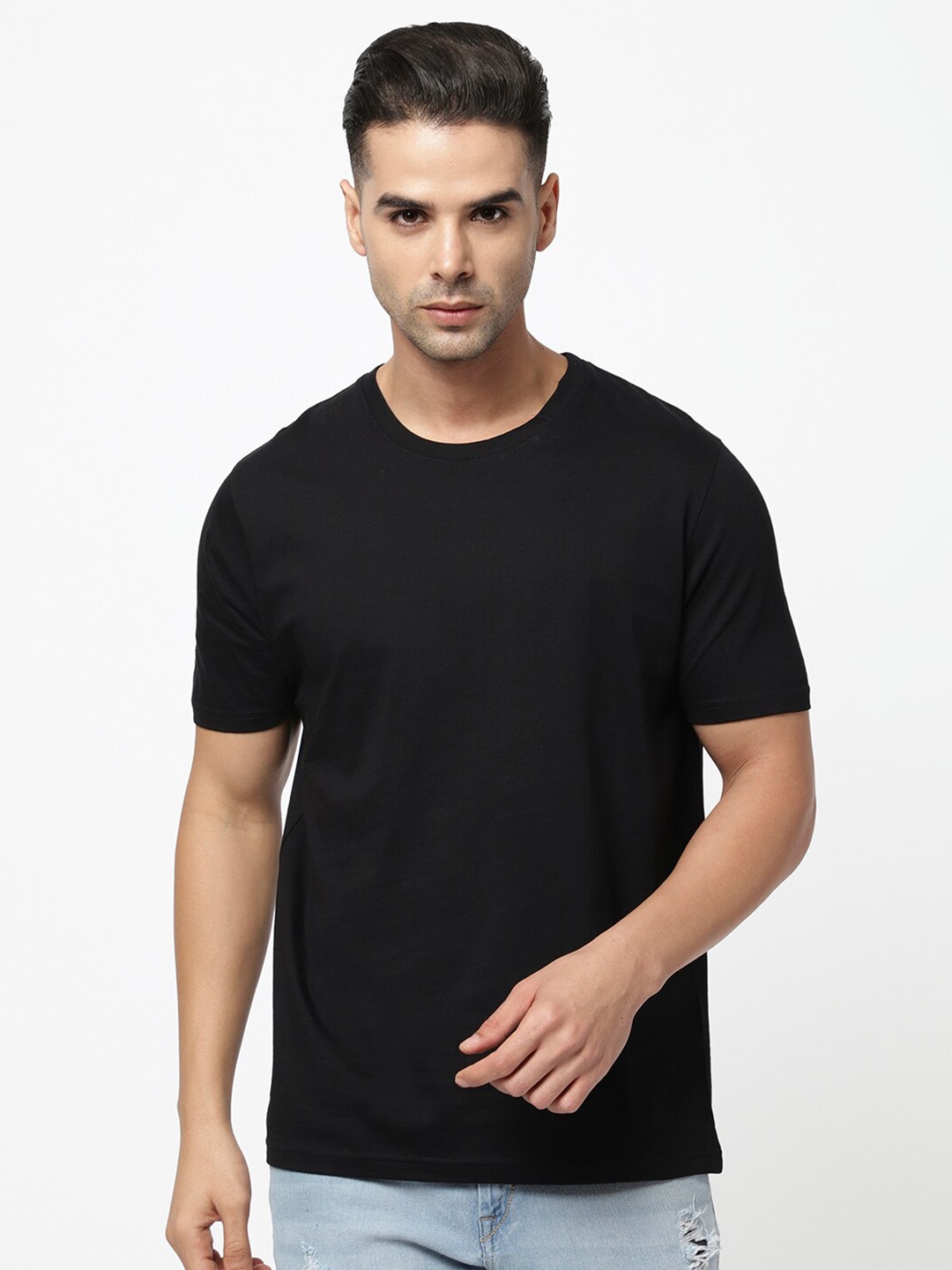 

R&B Men Printed Cotton Short Sleeves V-Neck T-shirt, Black