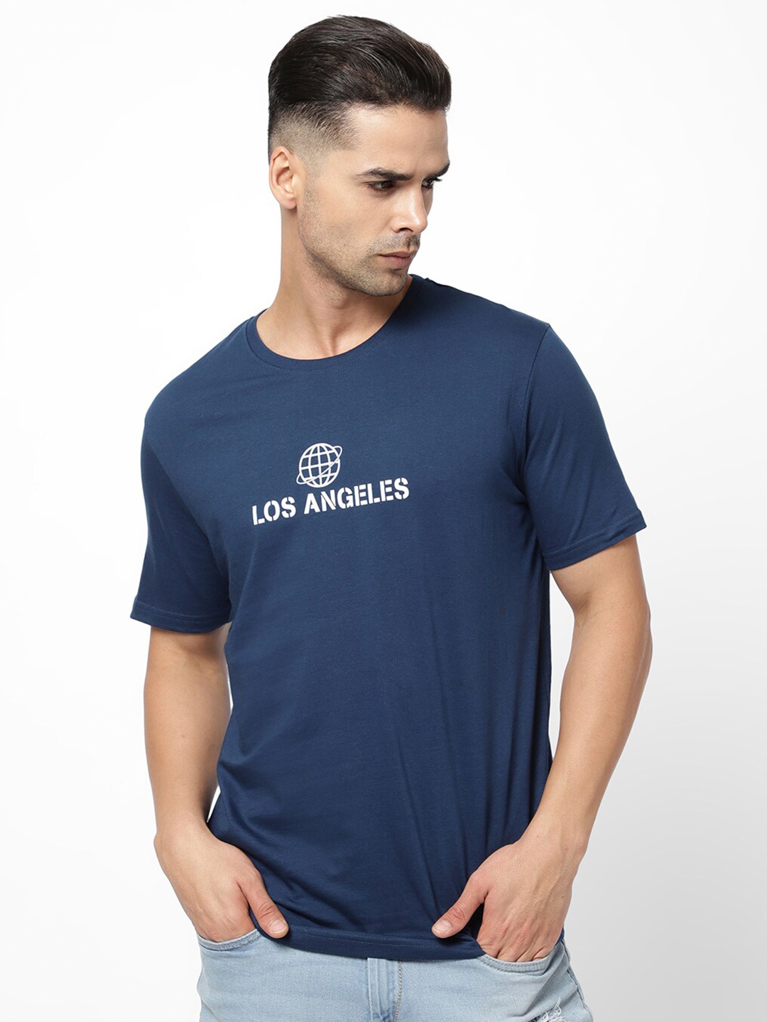 

R&B Men Printed Cotton Short Sleeves T-shirt, Blue